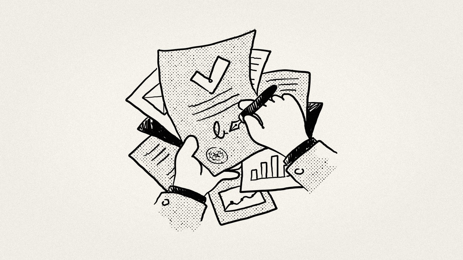 Hands signing a document surrounded by charts and checkmarks — the deliberate craft of writing an executive briefing that forces clarity and earns decisions