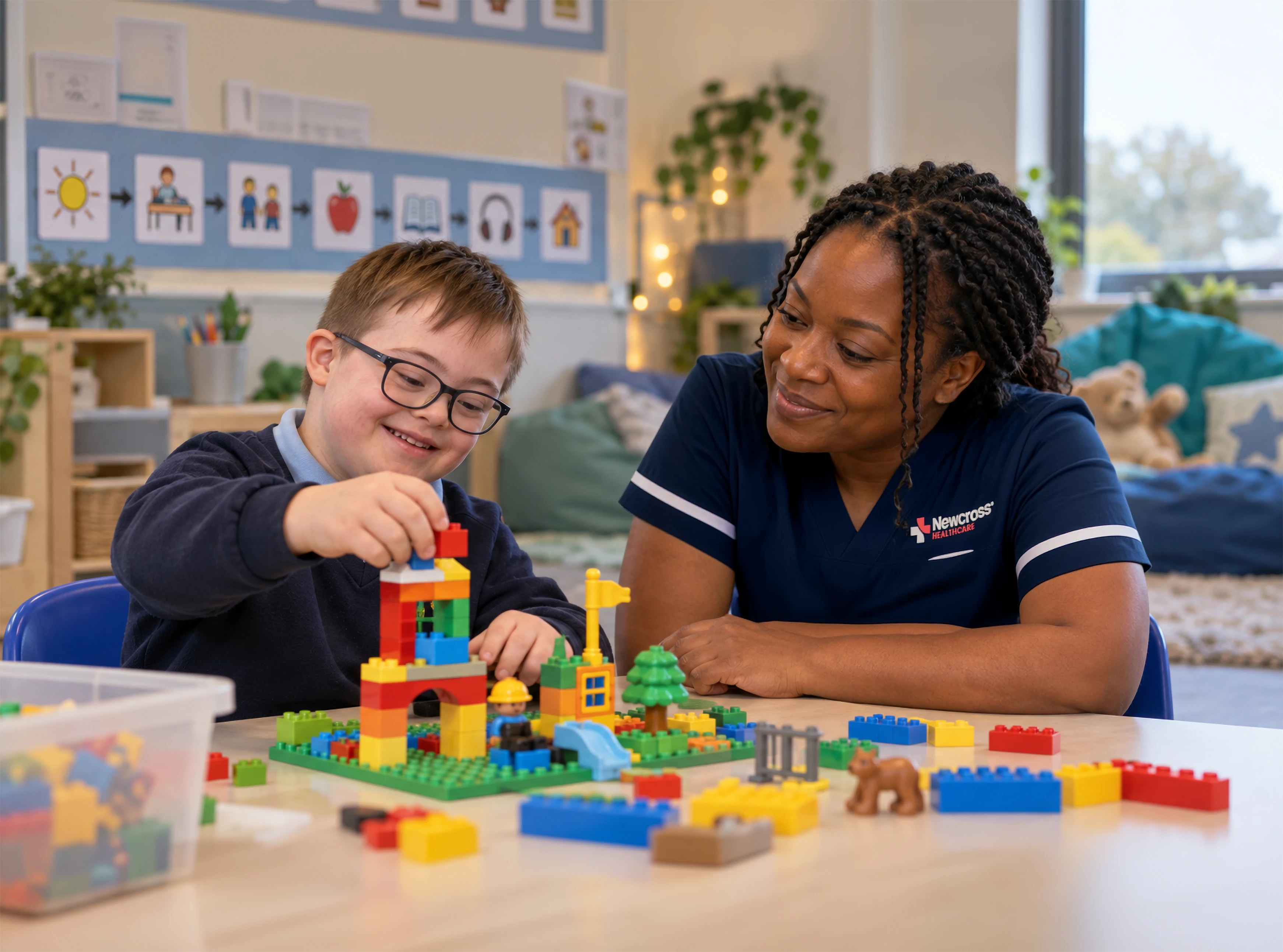 A young boy with Down syndrome builds a colourful construction model at a classroom table while a support professional watches and encourages him in a calm SEN school setting.