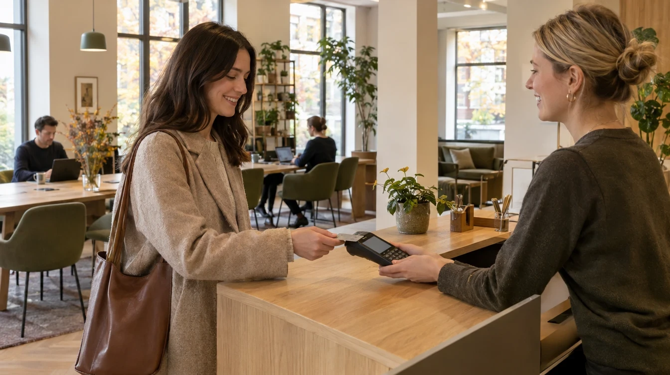 Kartenzahlung am Empfang eines Coworking-Spaces