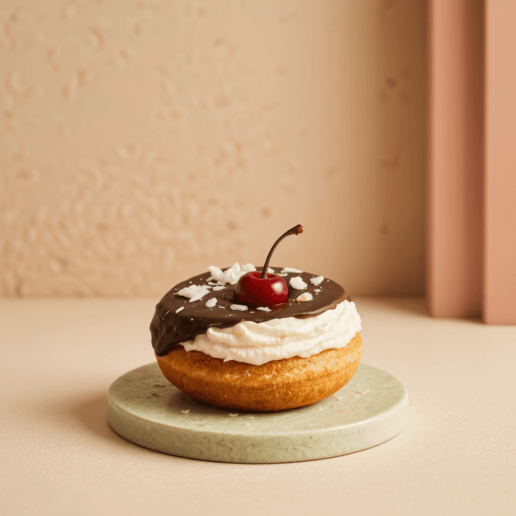 product photography of a round pastry with chocolate and cream filling