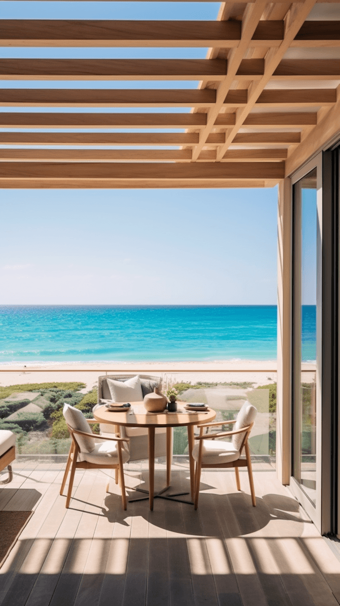 A coastal view from a patio featuring wooden furniture and clear blue waters in the background.
