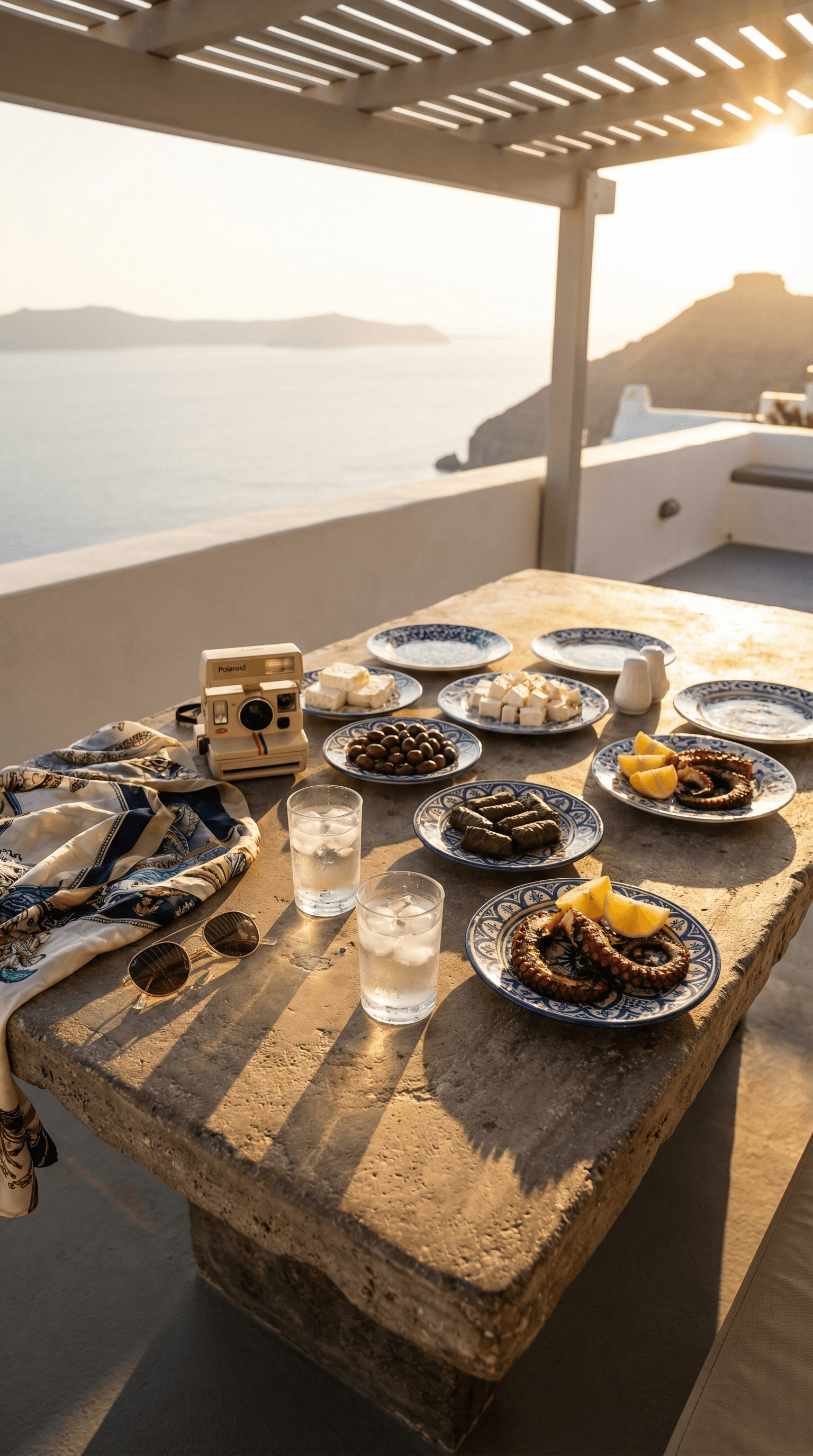 Sunset terrace table spread with Mediterranean plates and drinks overlooking the sea.