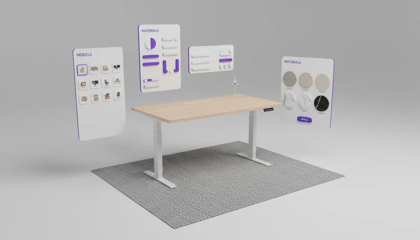 3D render of a product configurator software interface, minimalist light mode design. In the center is a photorealistic 3D model of a modern standing desk with a light wood top and white legs, placed on a textured grey rug. Floating over the scene are several clean white UI panels with vibrant purple accents and abstracted UI elements. A left panel displays a grid of 3D asset thumbnails. A right panel shows circular material swatches for stone and marble. The background is a simple light grey studio backdrop with soft global illumination and subtle floating shadows.