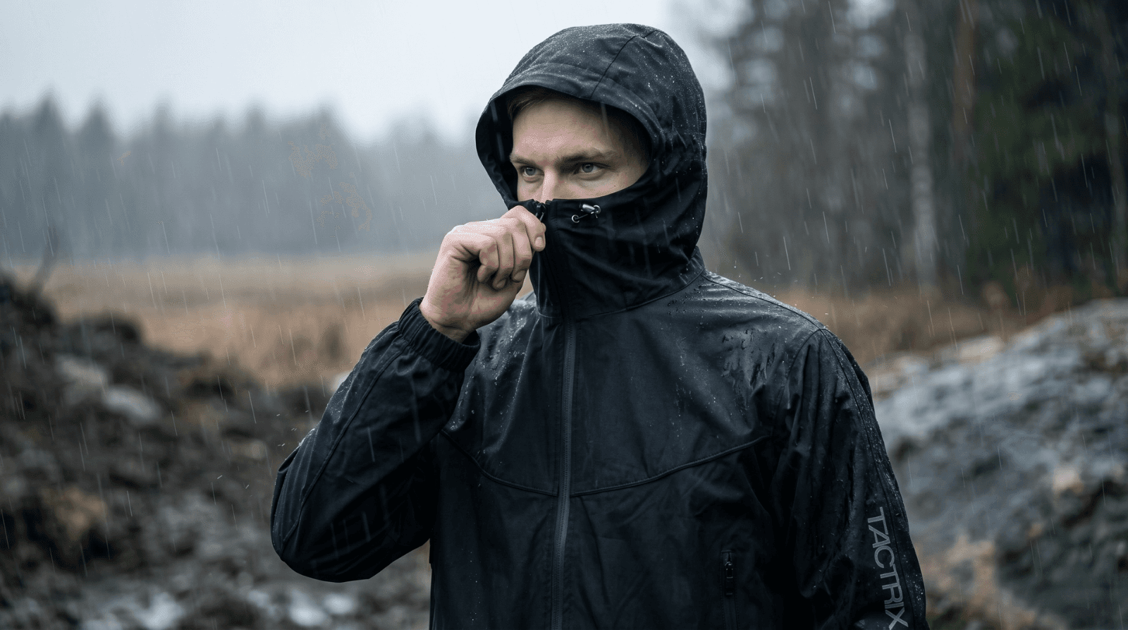 Person wearing black tactical softshell jacket in rainy conditions