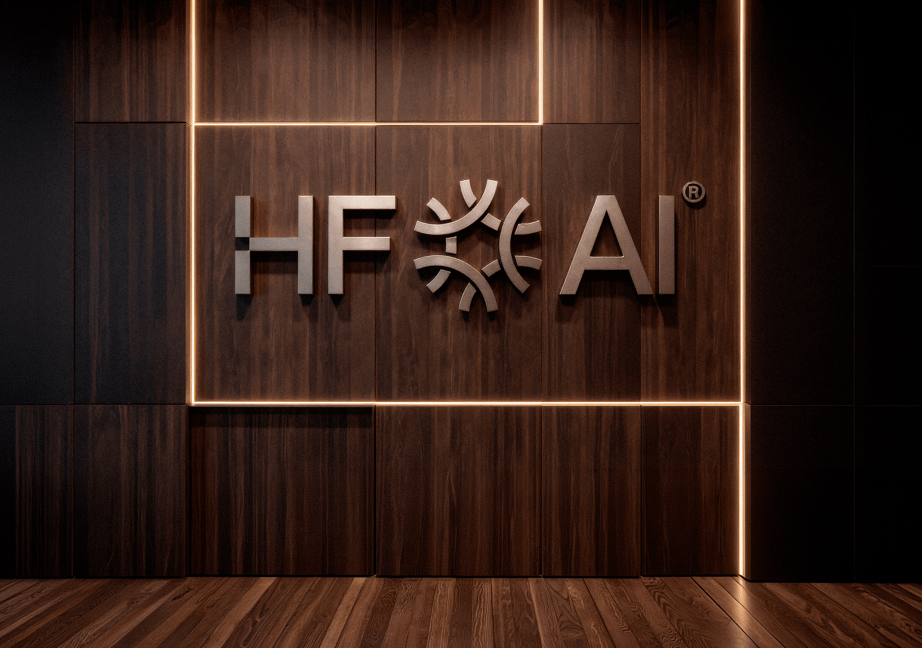 Logotipo HF&AI em relevo sobre painel de madeira escura