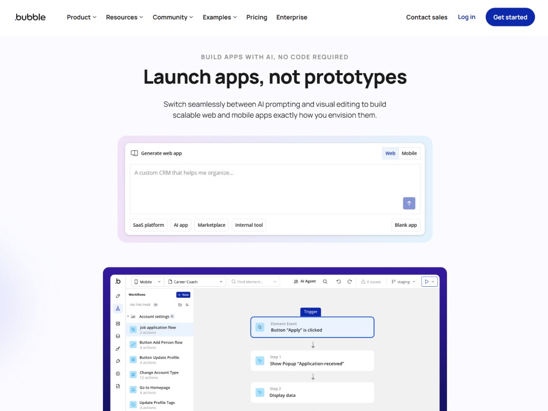 Bubble website hero section with an AI input field below the hero text. Below the input field, a screenshot of the product