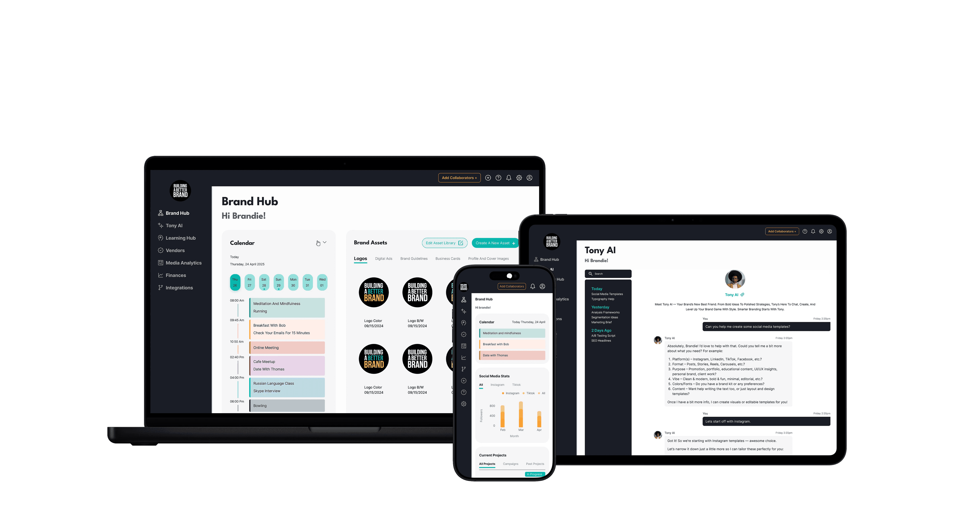 Computer, laptop, and phone displaying a webpage called 'Build a better Brand'