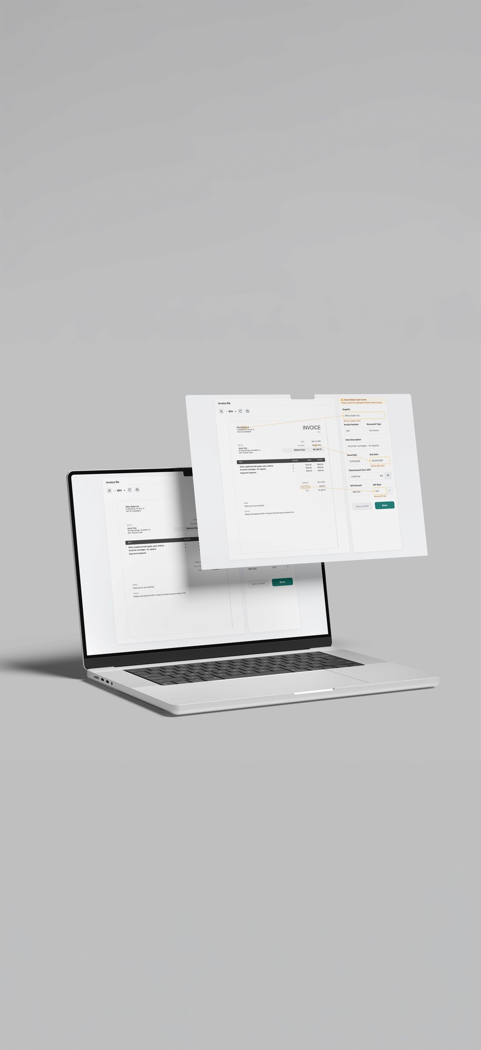 Invoice scanning MVP mockup showing success and warning states