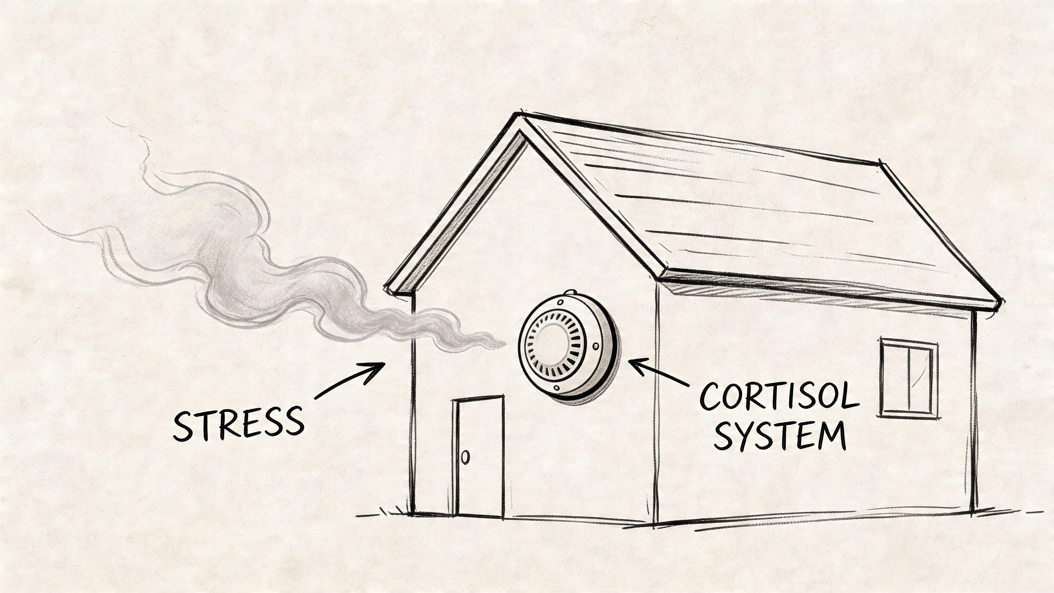 A pencil sketch of a house with smoke representing stress triggering a cortisol system smoke detector.