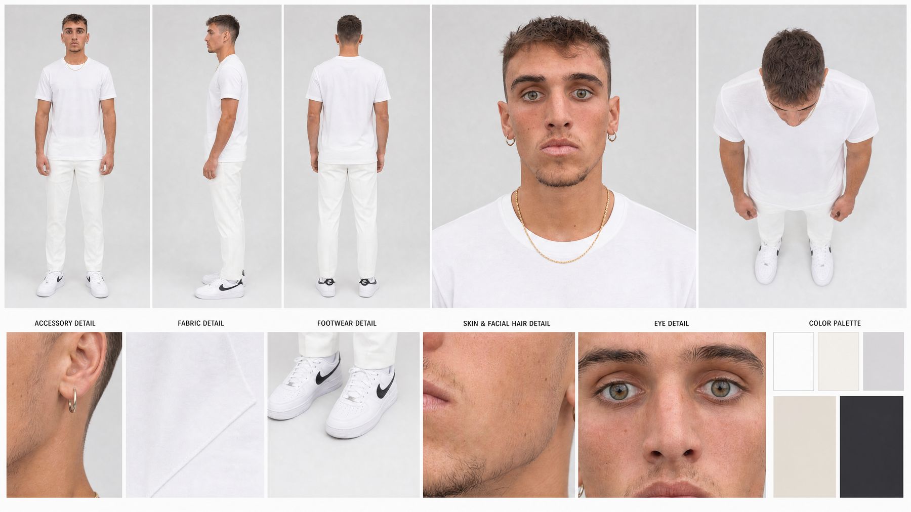 All white: tee, trousers, sneakers, gold chain.