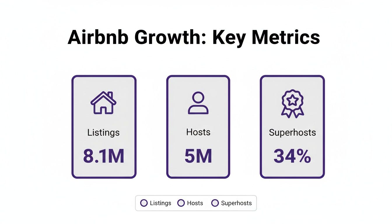 Airbnb growth metrics displayed, including 8.1 million listings, 5 million hosts, and 34% superhosts.