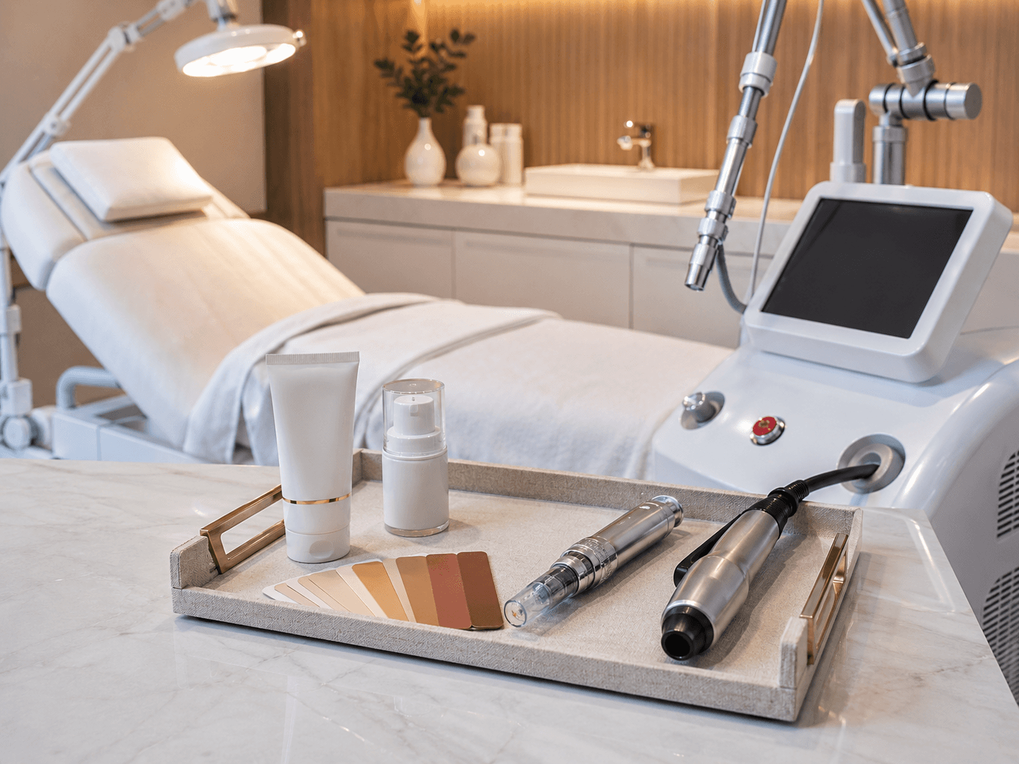 Dermatology treatment room with laser, microneedling device, sunscreen, and post-procedure skincare