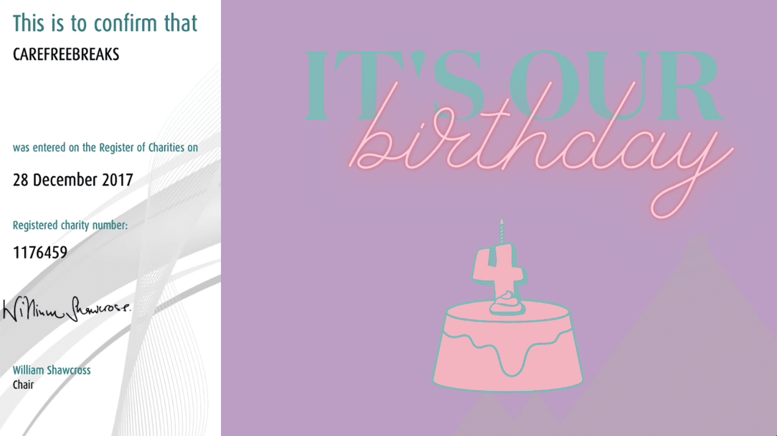 Carefree charity certificate showing registration on 28 December 2017 with charity number 1176459, next to a pastel graphic saying "It's our birthday" with a pink cake and number 4 candle on a purple background.