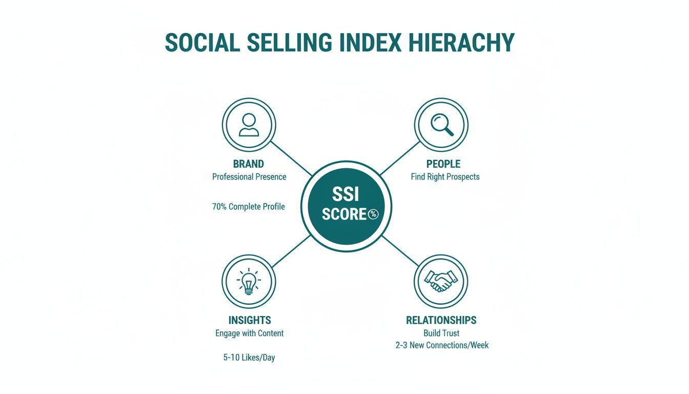 A diagram illustrating the Social Selling Index (SSI) hierarchy, detailing Brand, People, Insights, and Relationships.