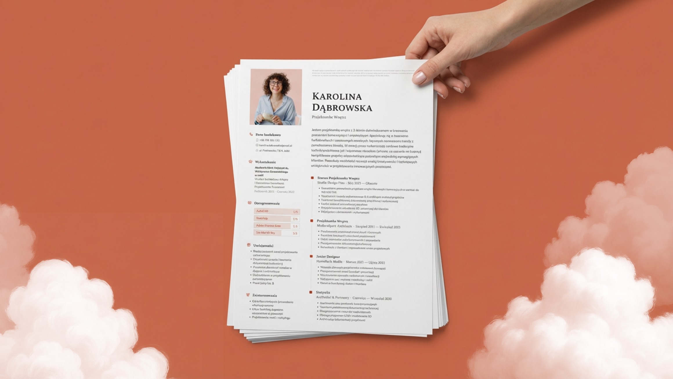 Stos dokumentów CV na czerwonym tle z chmurkami