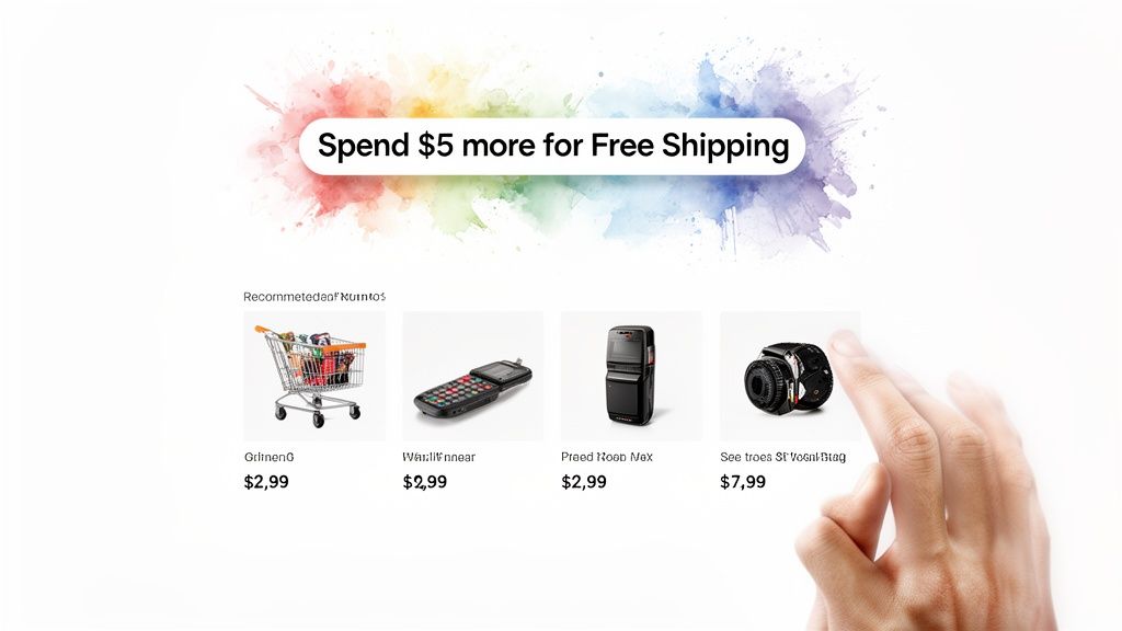 An e-commerce display with a 'Spend $5 more for Free Shipping' banner, showing recommended products including a shopping cart, phones, and a camera lens.