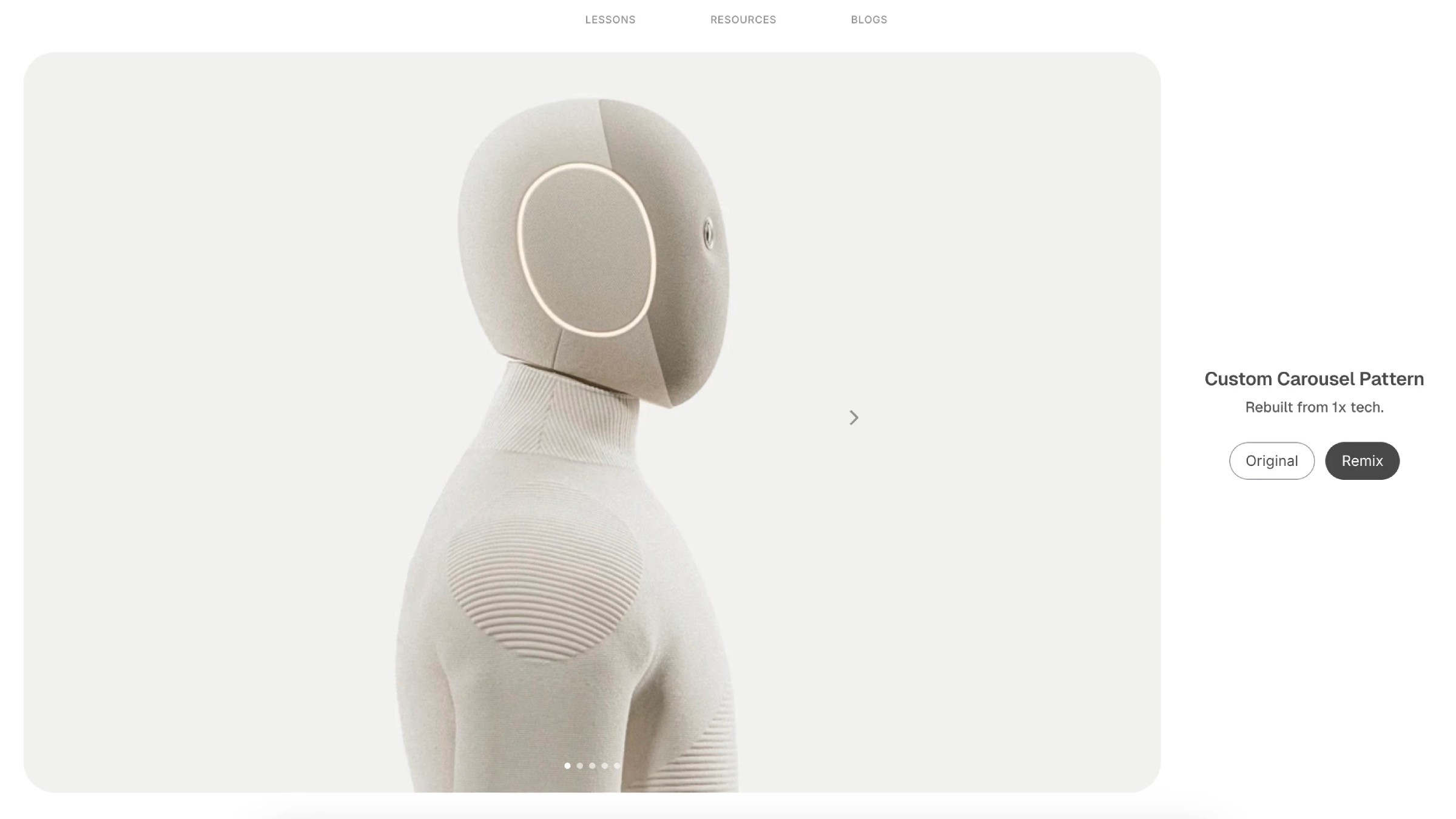 Minimal beige robot carousel UI with REMIX and Original buttons