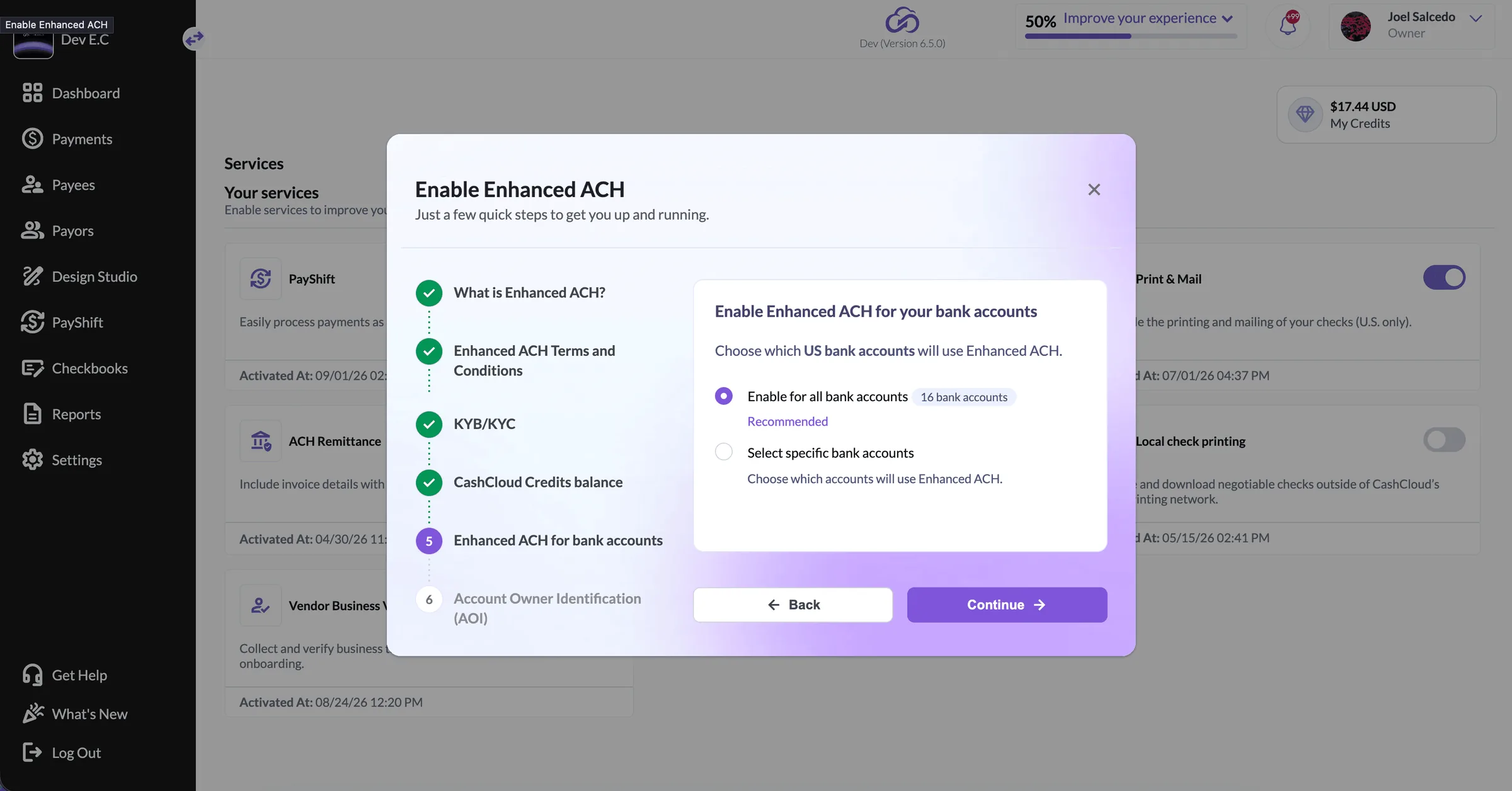Choosing which bank accounts run on ACH+