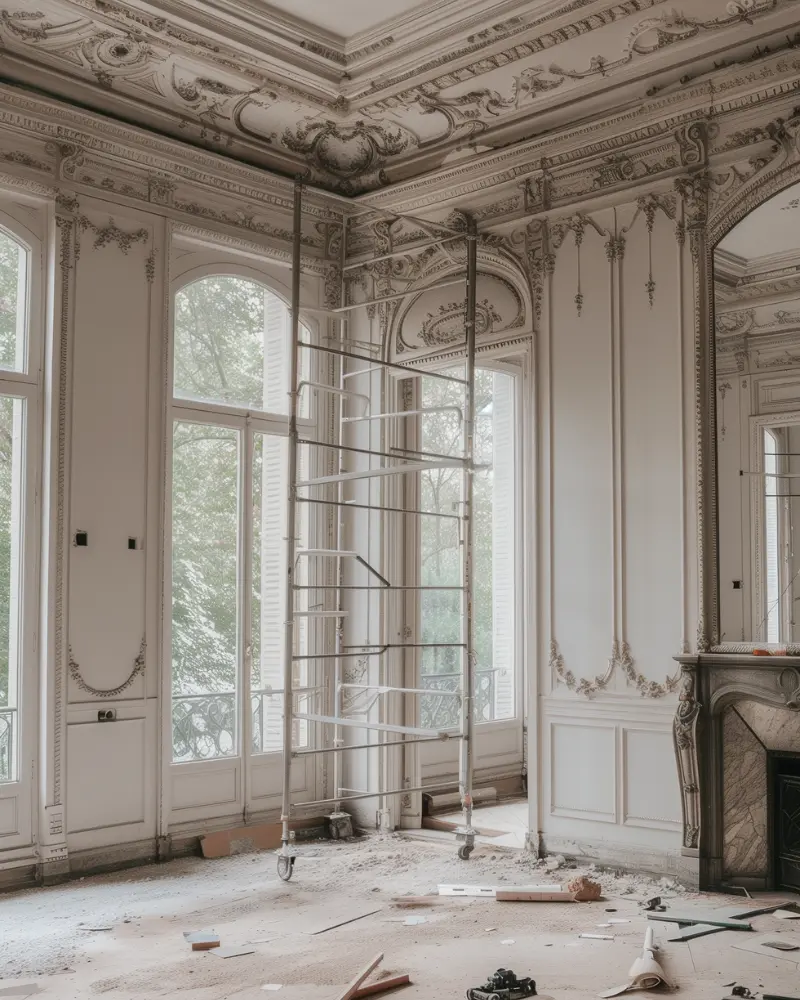 Salon d’appartement parisien avec moulures et échafaudages, en cours de rénovation.