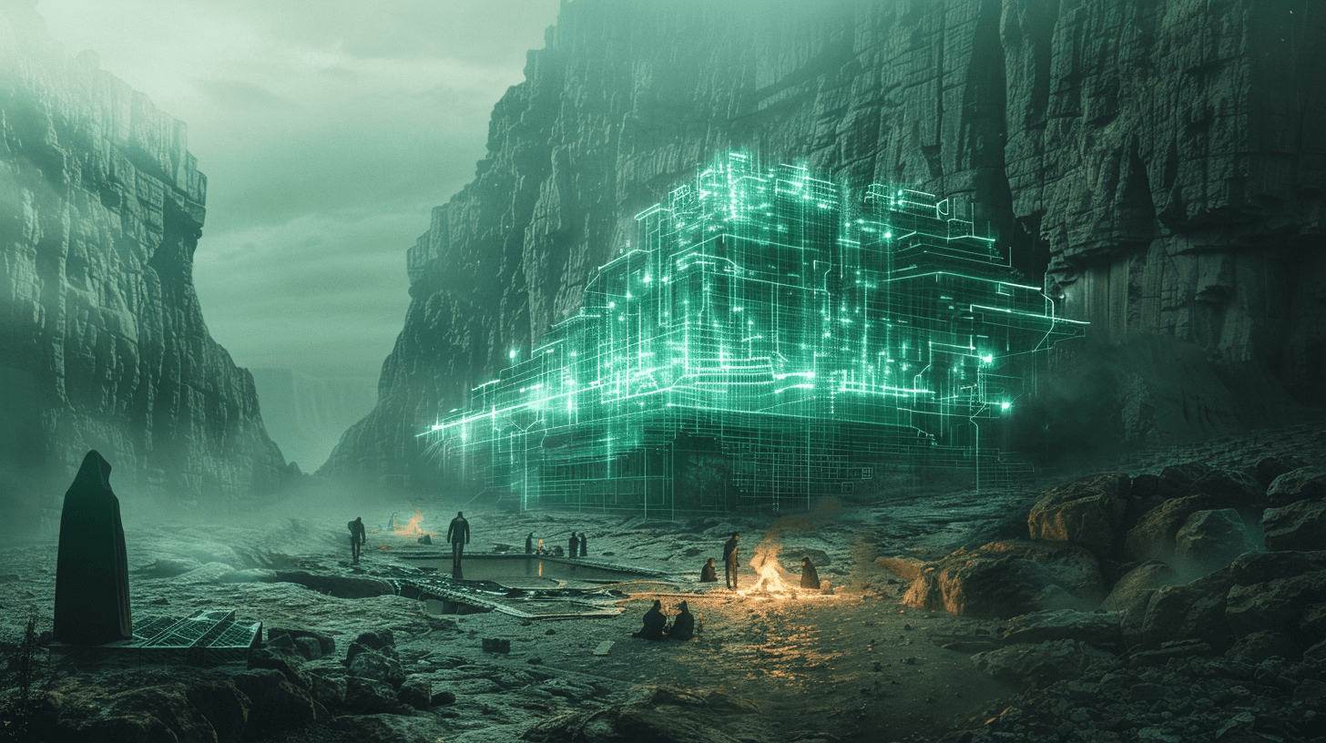 a highly detailed architectural blueprint glowing on a table ignored, while nearby a group of people gathers around a fire building something together, raw, collaborative, human energy, contrast between planned system and living culture