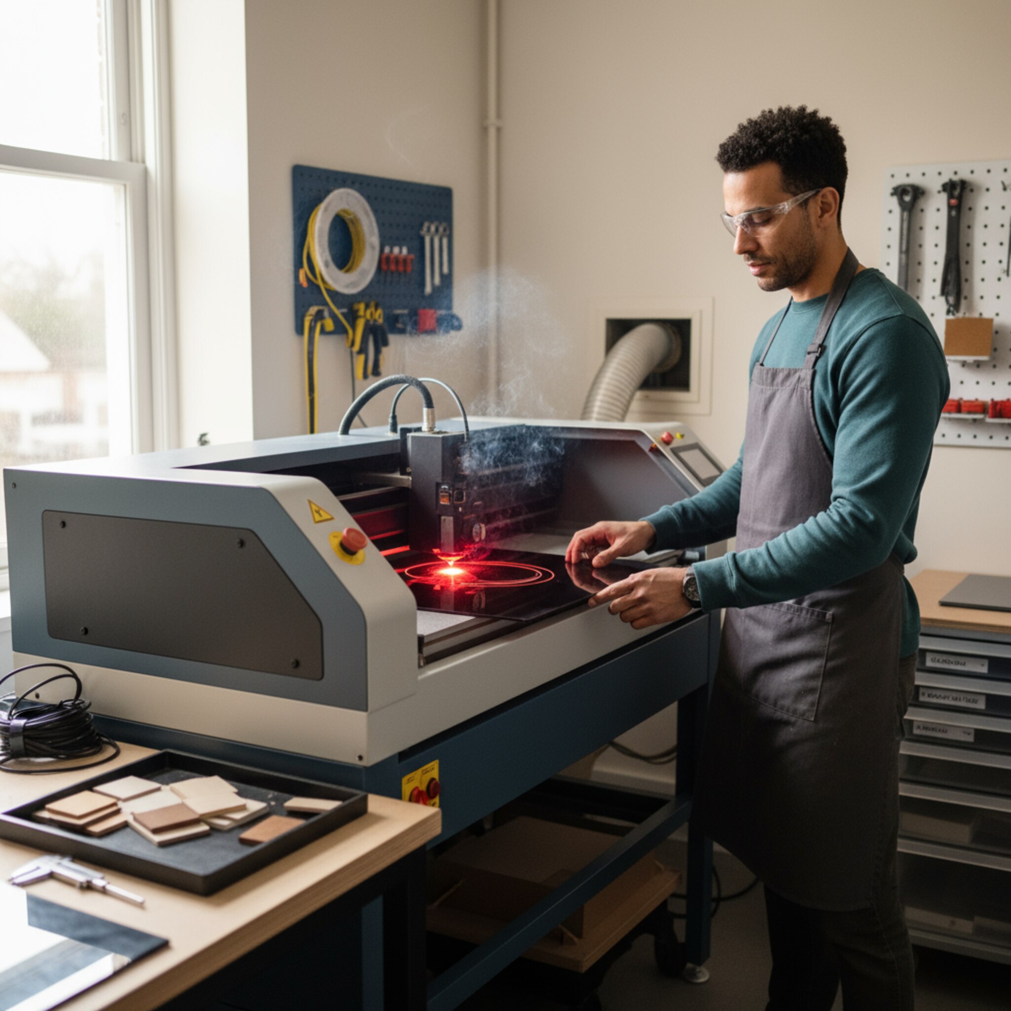 Ein Lasercutter wirft rötliches Licht auf eine dunkle Acrylplatte, feine Rauchschlieren ziehen im Sog der Absaugung vorbei. Jemand platziert sorgfältig das Material, die Umgebung wirkt aufgeräumt und technisch klar. Das erste scharfe Schnittmuster zeichnet sich auf der Oberfläche ab.