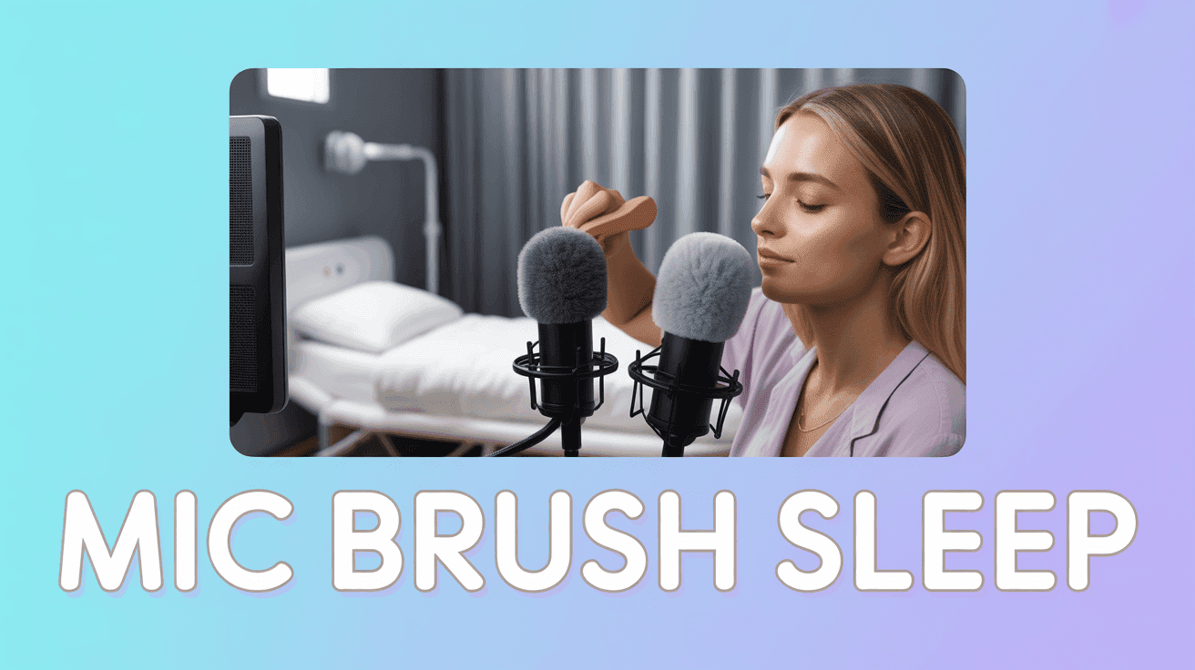 Mic Brushing Sleep Clinic ASMR Thumbnail Template featuring asmr artist brushing dual microphones with fluffy brushes beside sleep clinic monitor