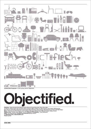 A poster that has different monochrome pictograms on it like: cars, chairs bicycles, watches, planes computers and others. The text Objectified is also on it.