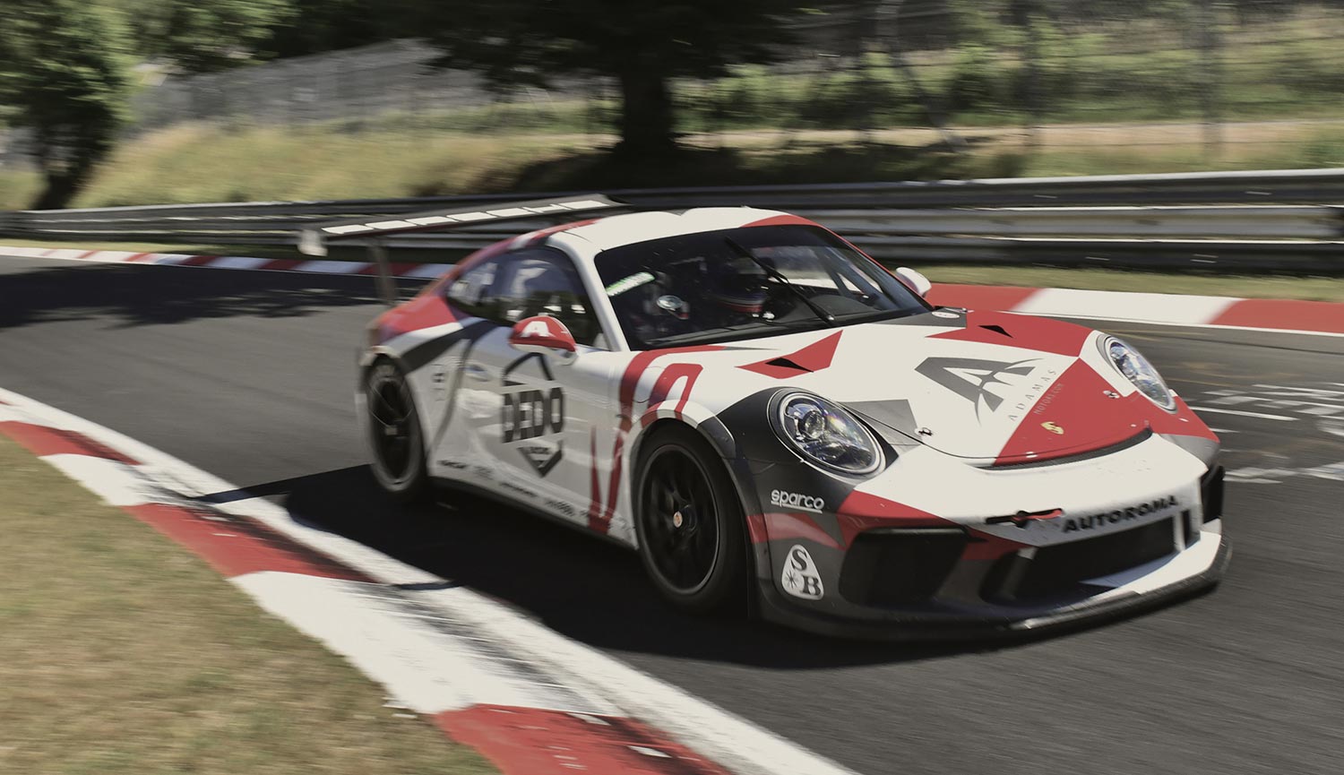 A Porsche 911 racecar on track with custom designed livery