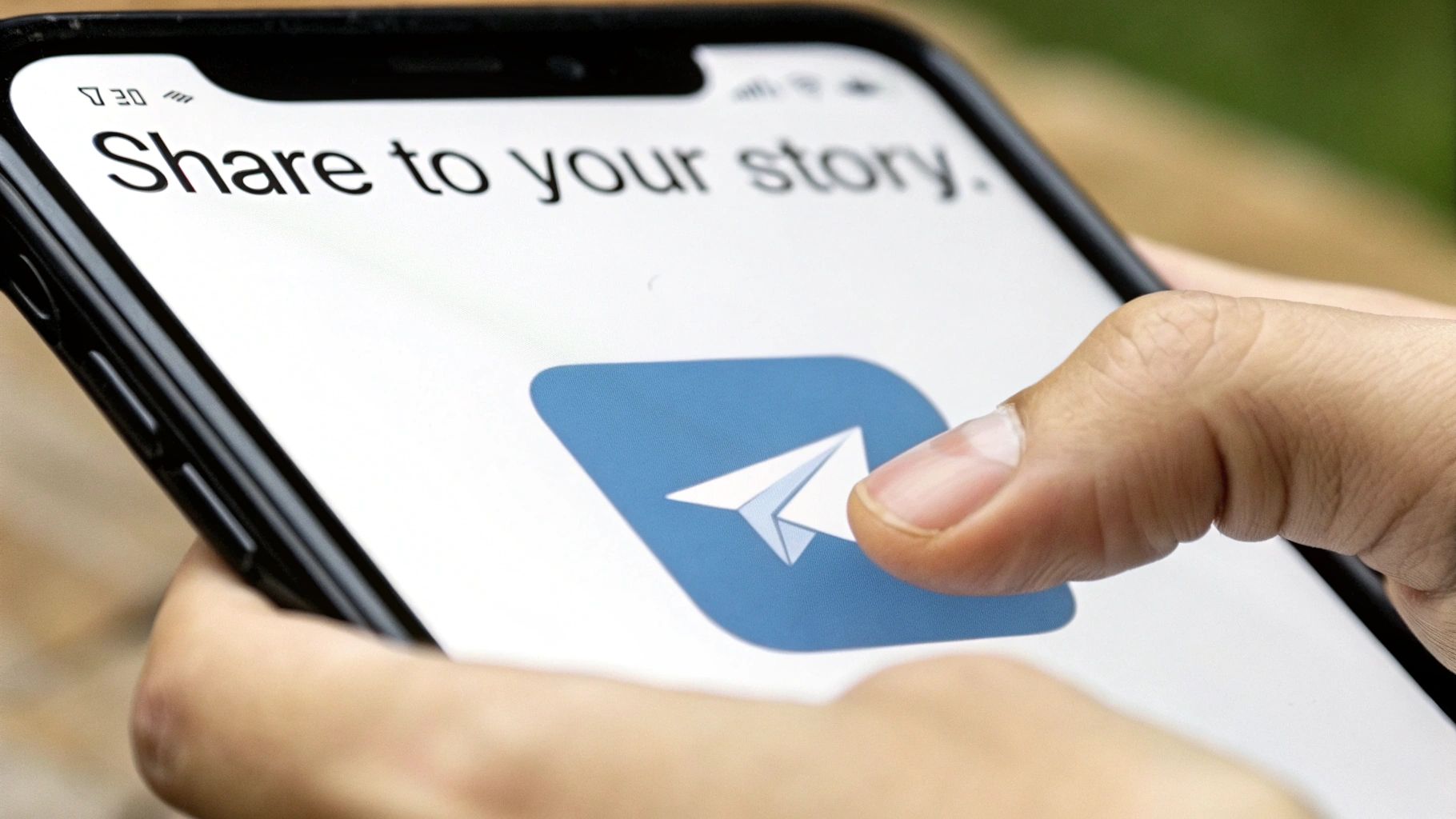 A person's hand holding a smartphone displaying 'Share to your story.' with a thumb pressing the Telegram app icon.