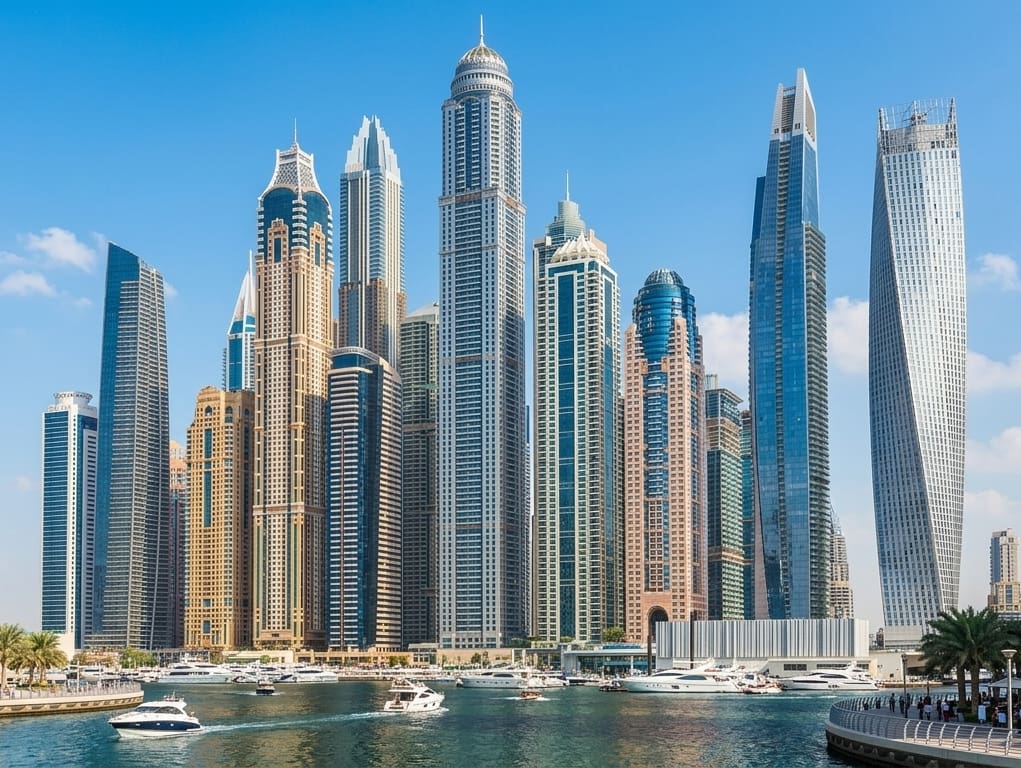Dubai Marina waterfront promenade with dining, business, and lifestyle destinations