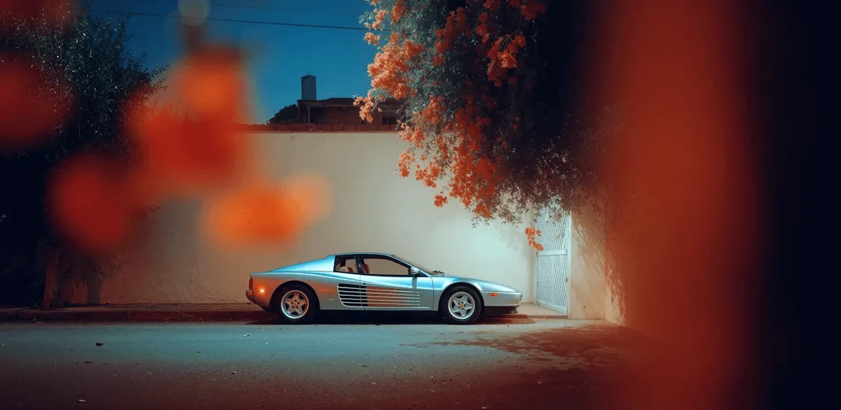 Sports car parked outside with beautiful colors.