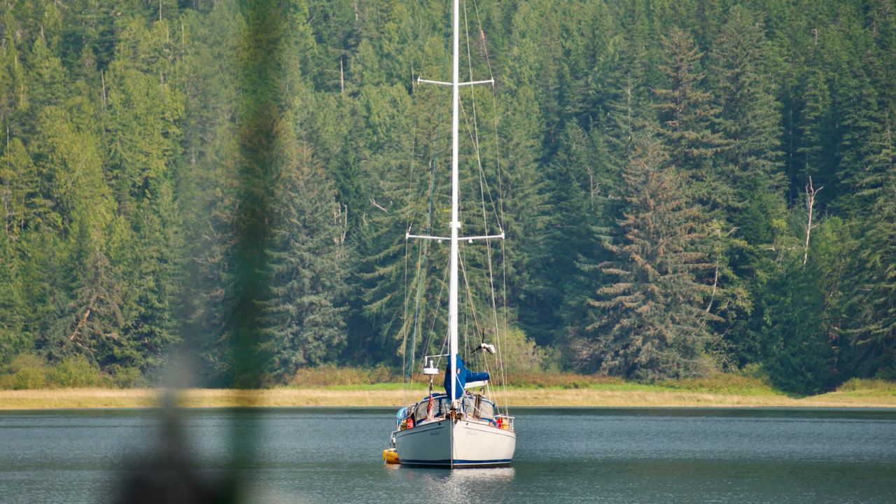 A 2007 Tayana Vancouver 460 Pilot House sailboat anchored in Canada