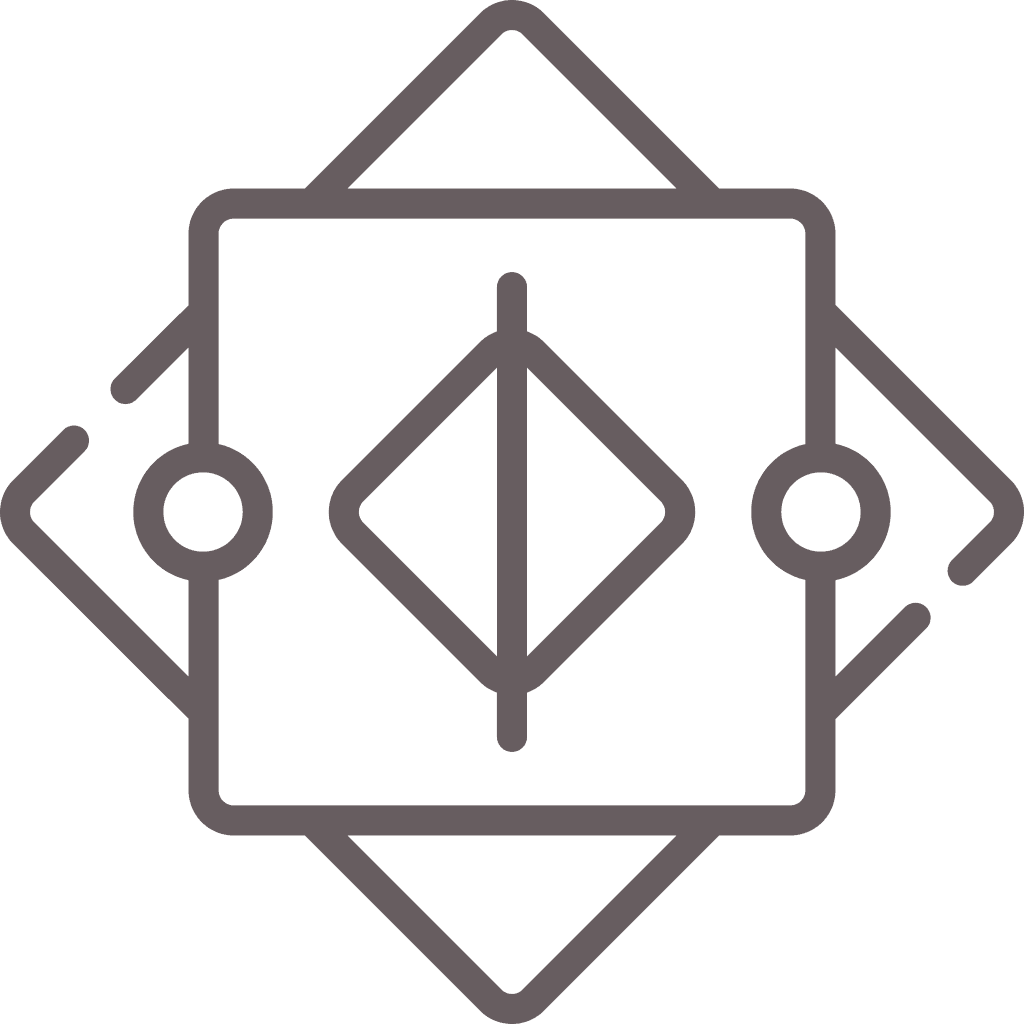 Abstract geometric icon featuring a central diamond with vertical arrows, surrounded by a square rotated at a 45-degree angle.
