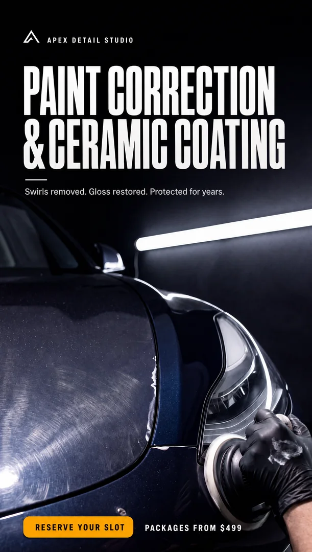 Apex Detail Studio ad for paint correction and ceramic coating, showing a car being polished.