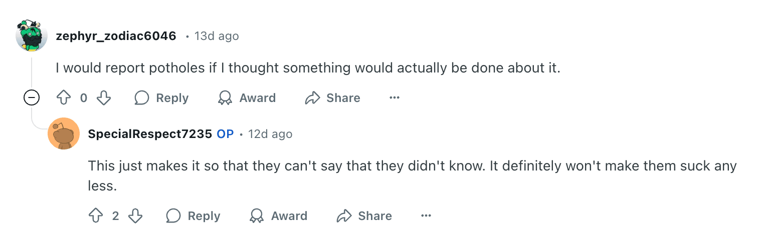 Reddit discussion about reporting potholes