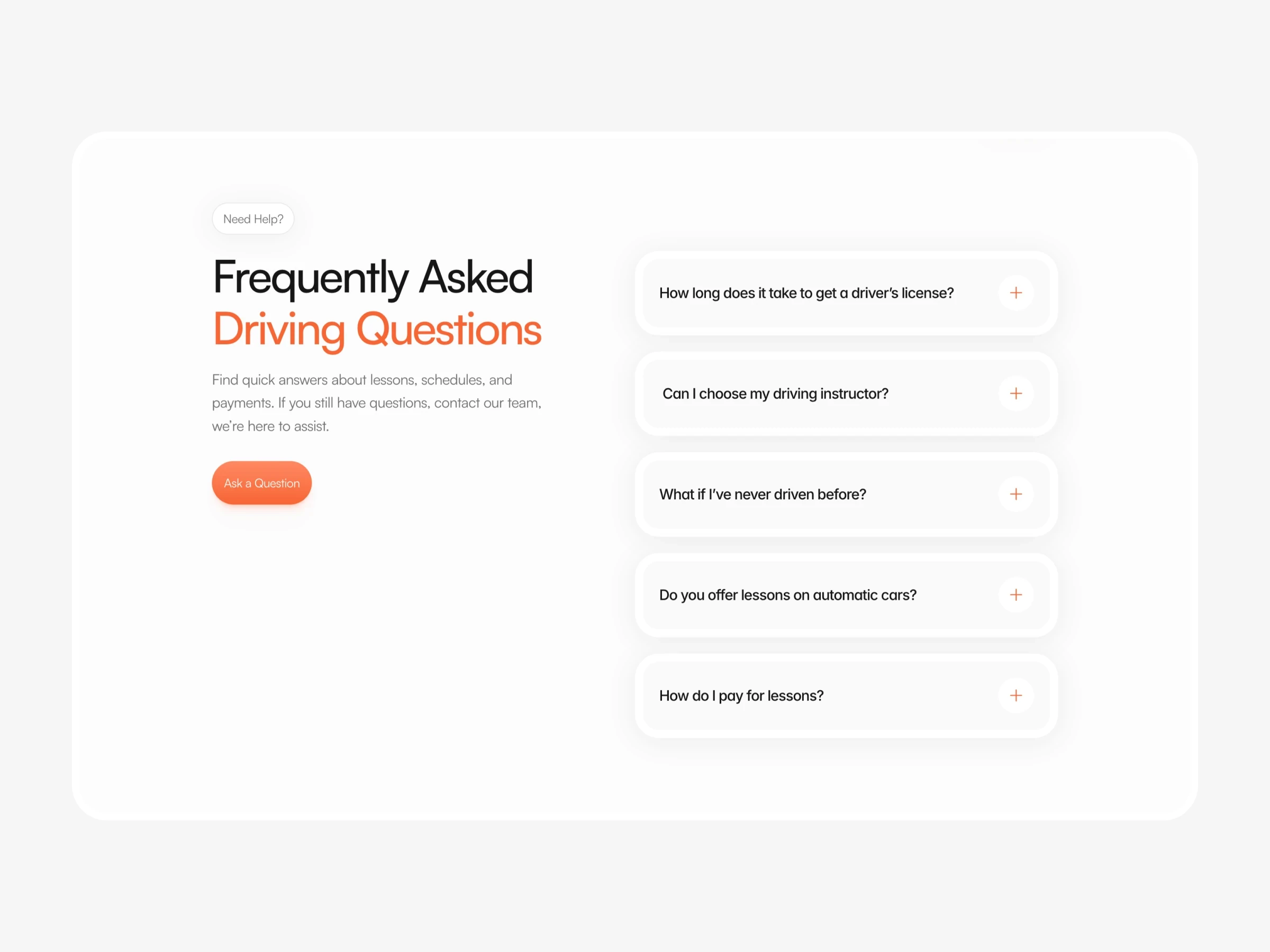 Driving school website template frequently asked questions section