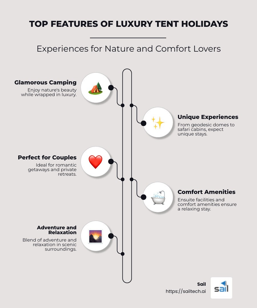 Infographic on top features of luxury tent holidays including opulent tents, trip and comfort, and ideal for couples - luxury tent holidays infographic infographic-line-5-steps-neat_beige