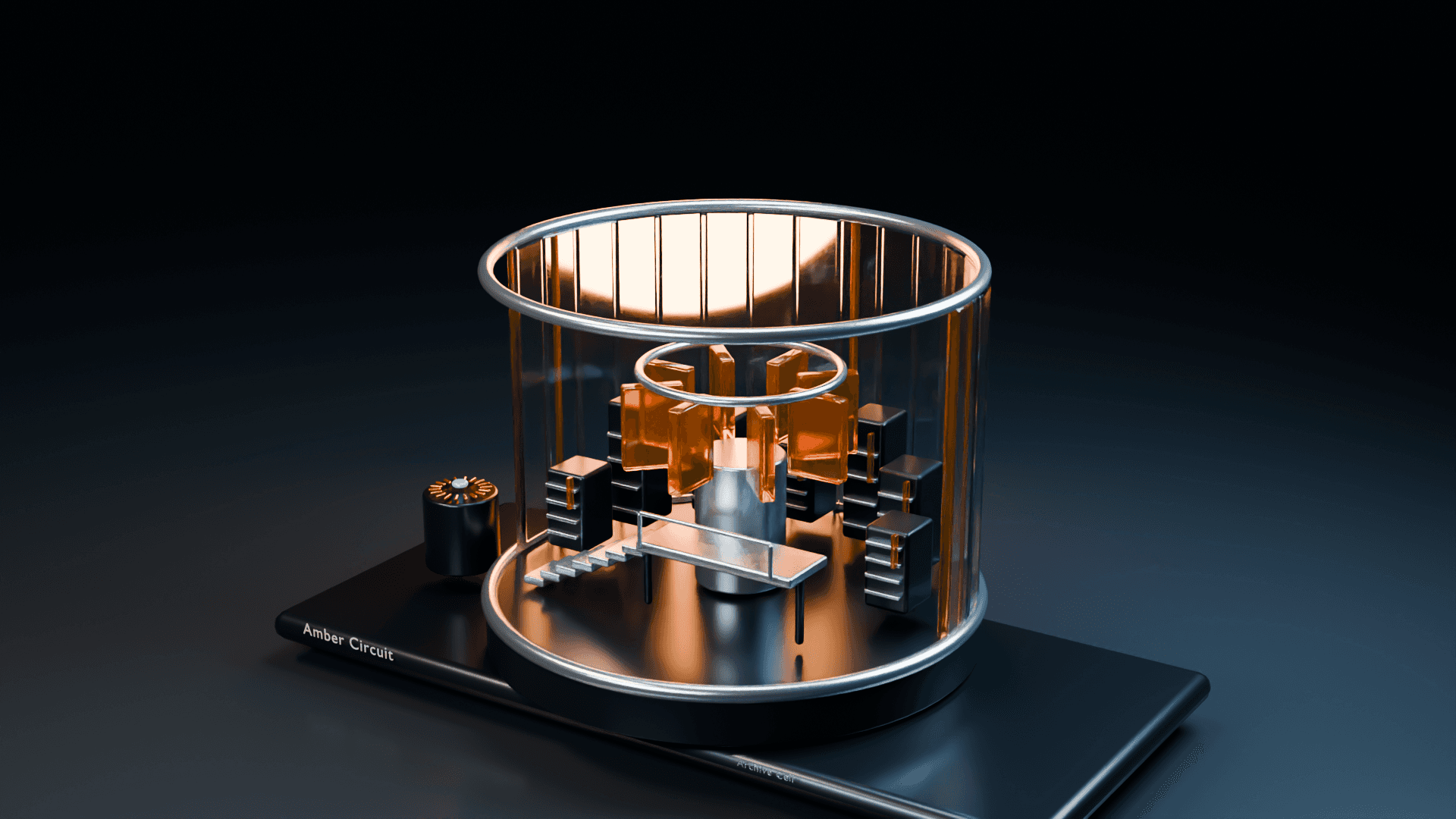 Original Archive Cell instrument with a transparent shell, precision silver structure and amber signal elements