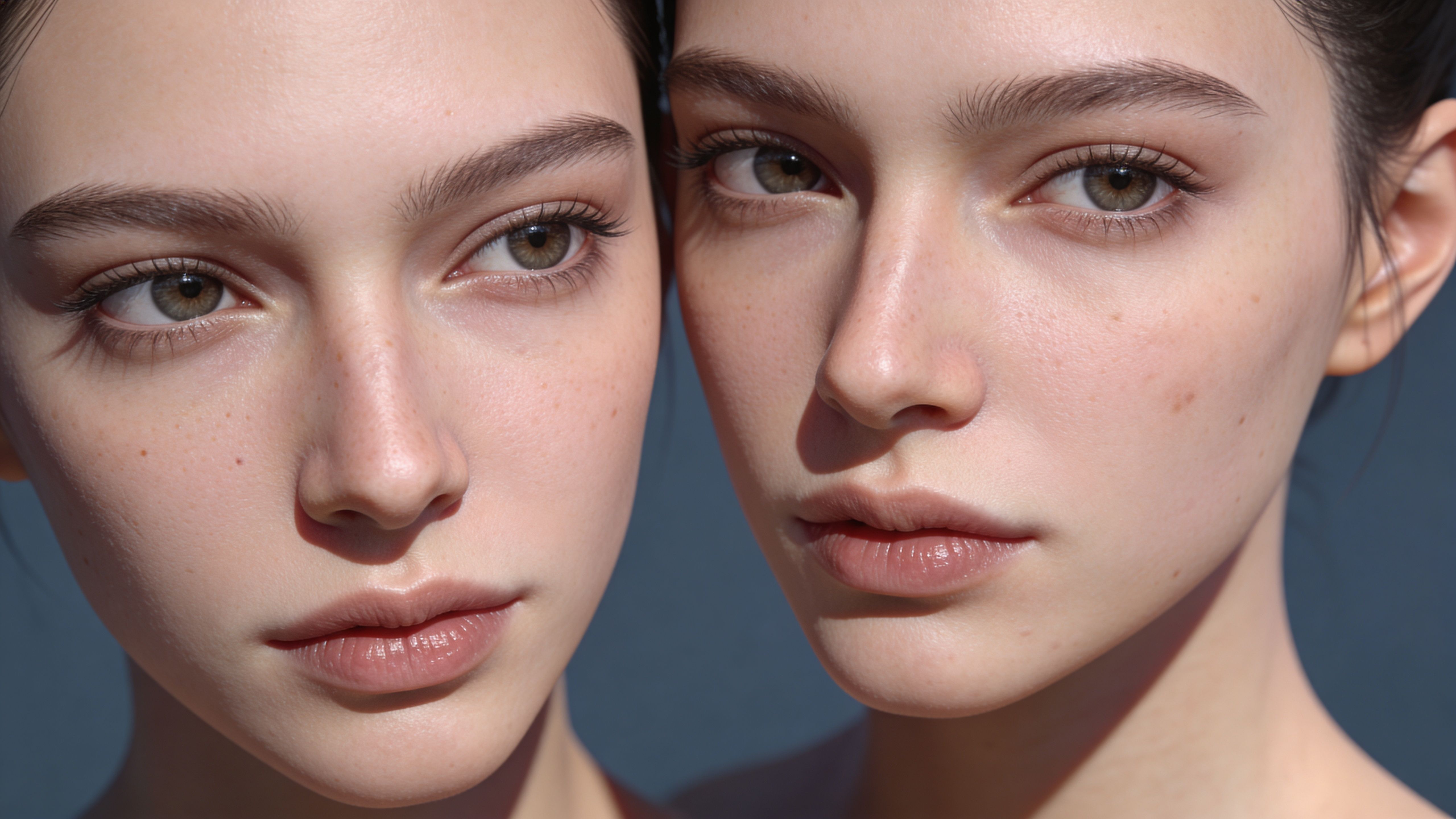 Nahaufnahme von zwei realistischen, computergenerierten Gesichtern junger Frauen mit detaillierter Hautstruktur und ausdrucksstarken Augen.