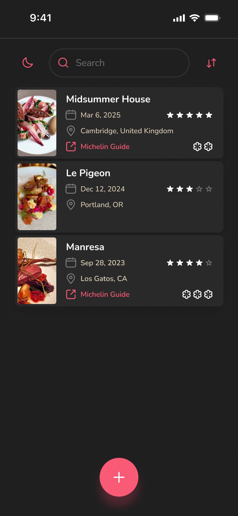 Meal collection (home) screen in dark mode.