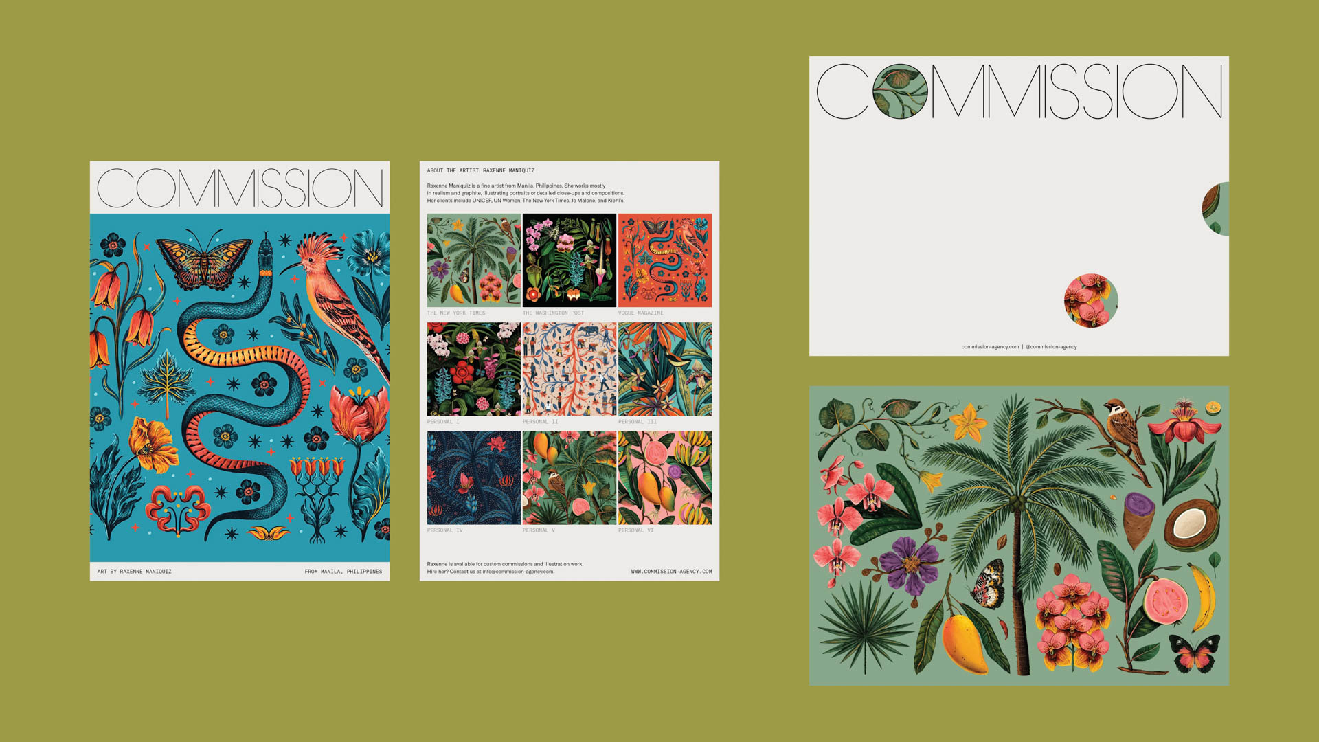 The image shows three distinct posters or design elements arranged side by side on a muted olive-green background. The leftmost poster is vibrant and colorful, featuring a teal or turquoise background with a large, stylized snake in orange, yellow, and red hues, along with various floral and tropical designs. The middle poster is predominantly white with text and images in black, red, orange, and yellow. The rightmost poster mirrors the teal/turquoise color scheme of the leftmost poster and includes various tropical and floral elements in similar colors. All three posters feature the word “COMMISSION” at the top. Below each poster is text providing details about the artwork, including artist names, titles, and contact information.