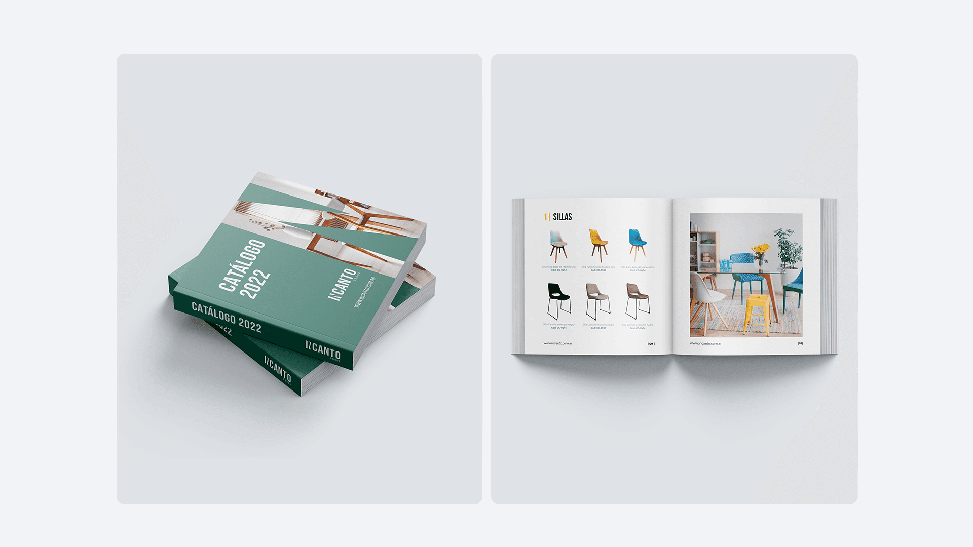 Catálogos de mobiliario moderno 2022, mostrando imágenes de sillas de diseño y ambientaciones de interiores.