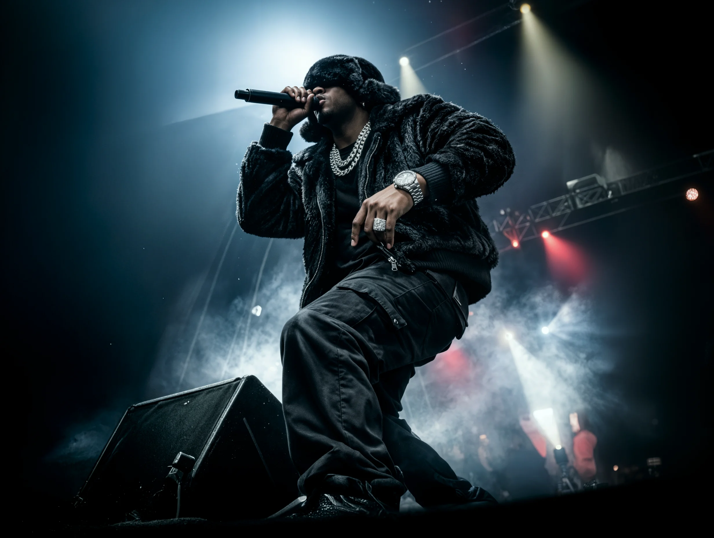 Hip hop artist rapping into a microphone during a live performance