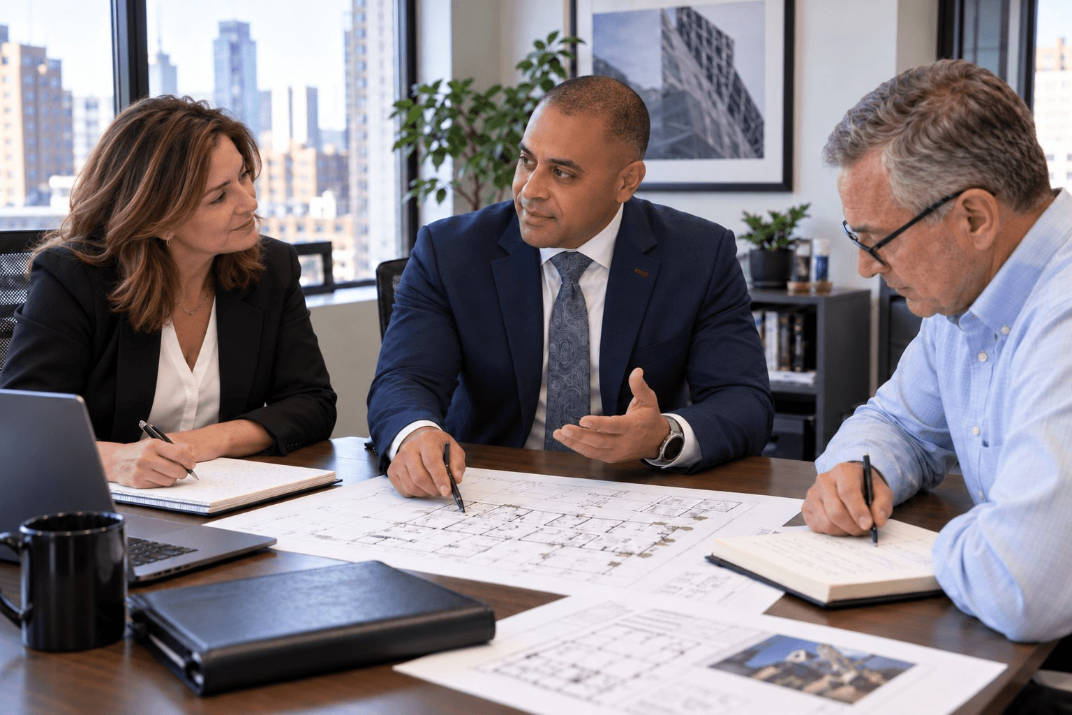 Ares security consultant reviewing a floor plan with clients