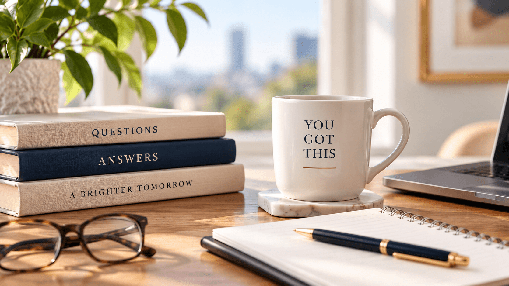 Notebook, books and coffee on a bright desk representing common questions about divorce in Ontario.