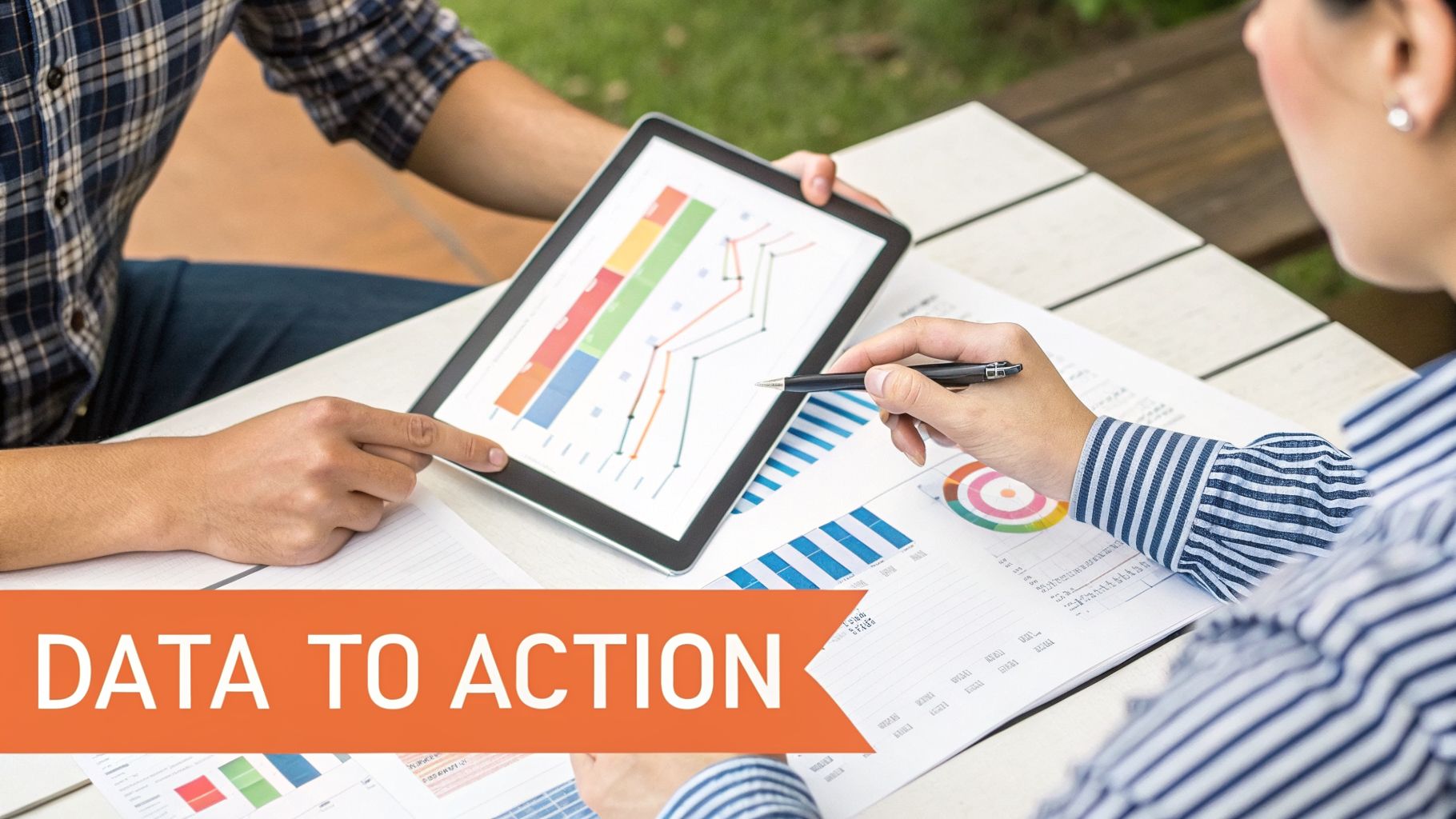 Two people discuss data using a tablet displaying charts and paper documents, with a 'Data to Action' overlay.