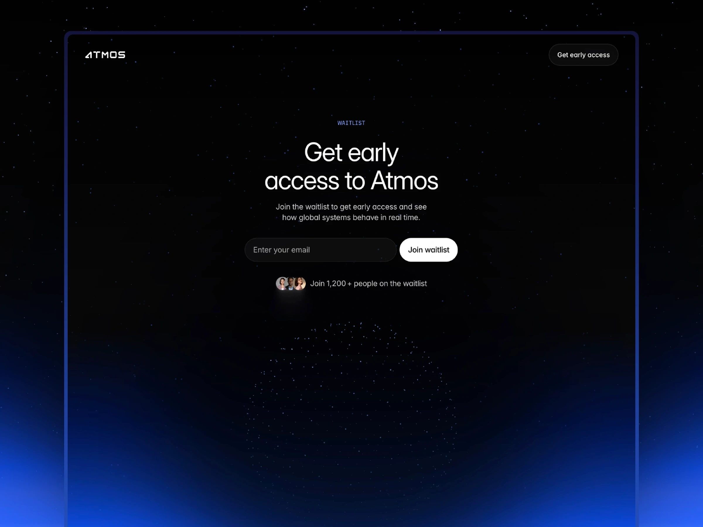 Early access waitlist page design for AI platform with email signup form and clean dark UI interface