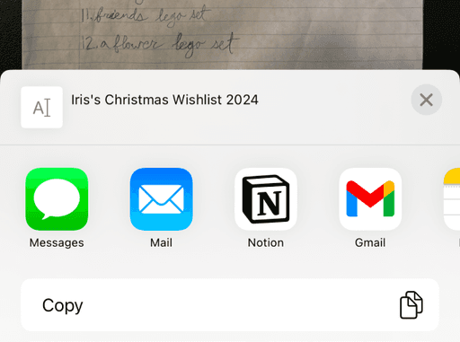 Mobile app view showing the share sheet with messages, email and notion sharing options.