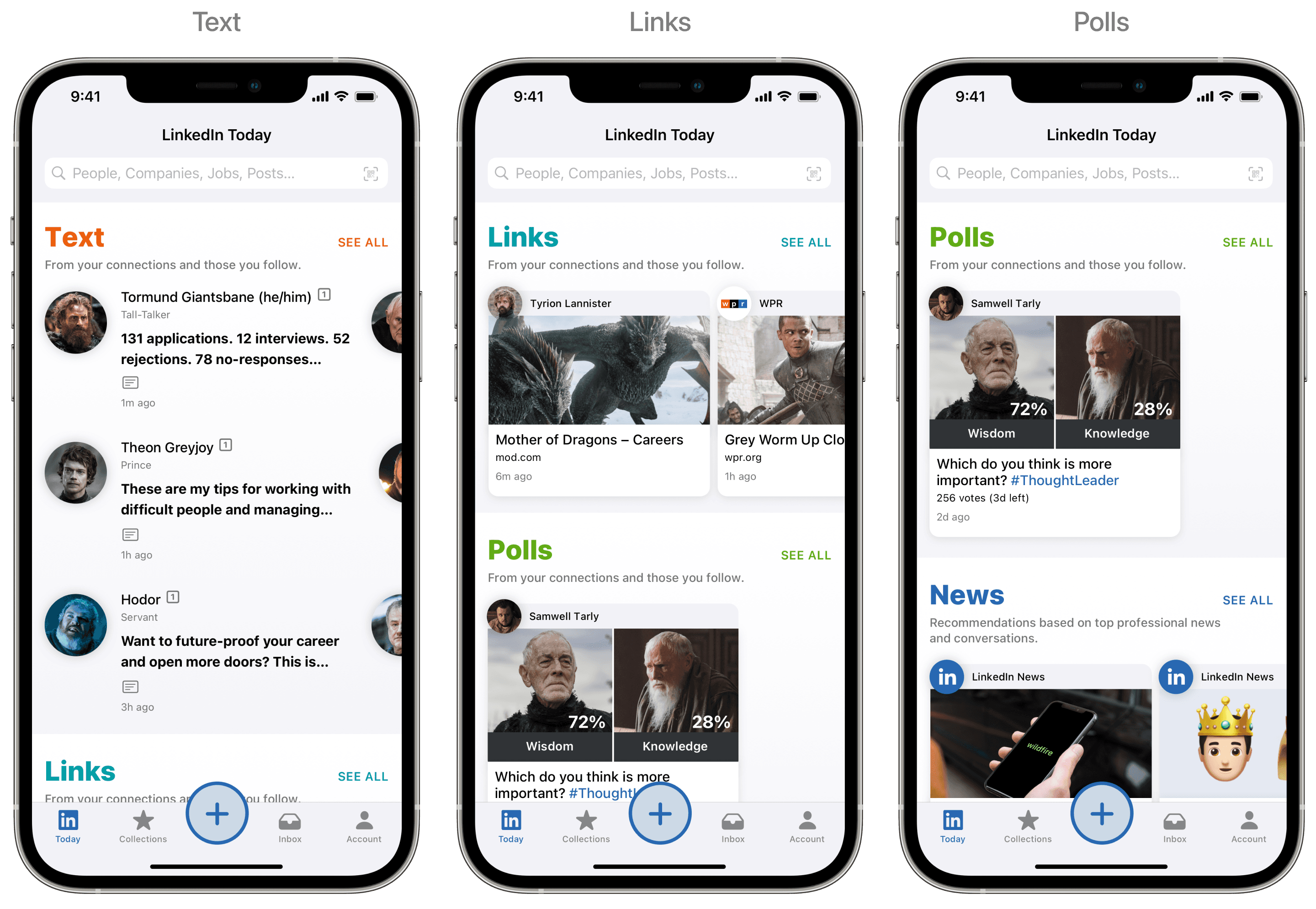 LinkedIn Today sections for Text, Links, and Polls