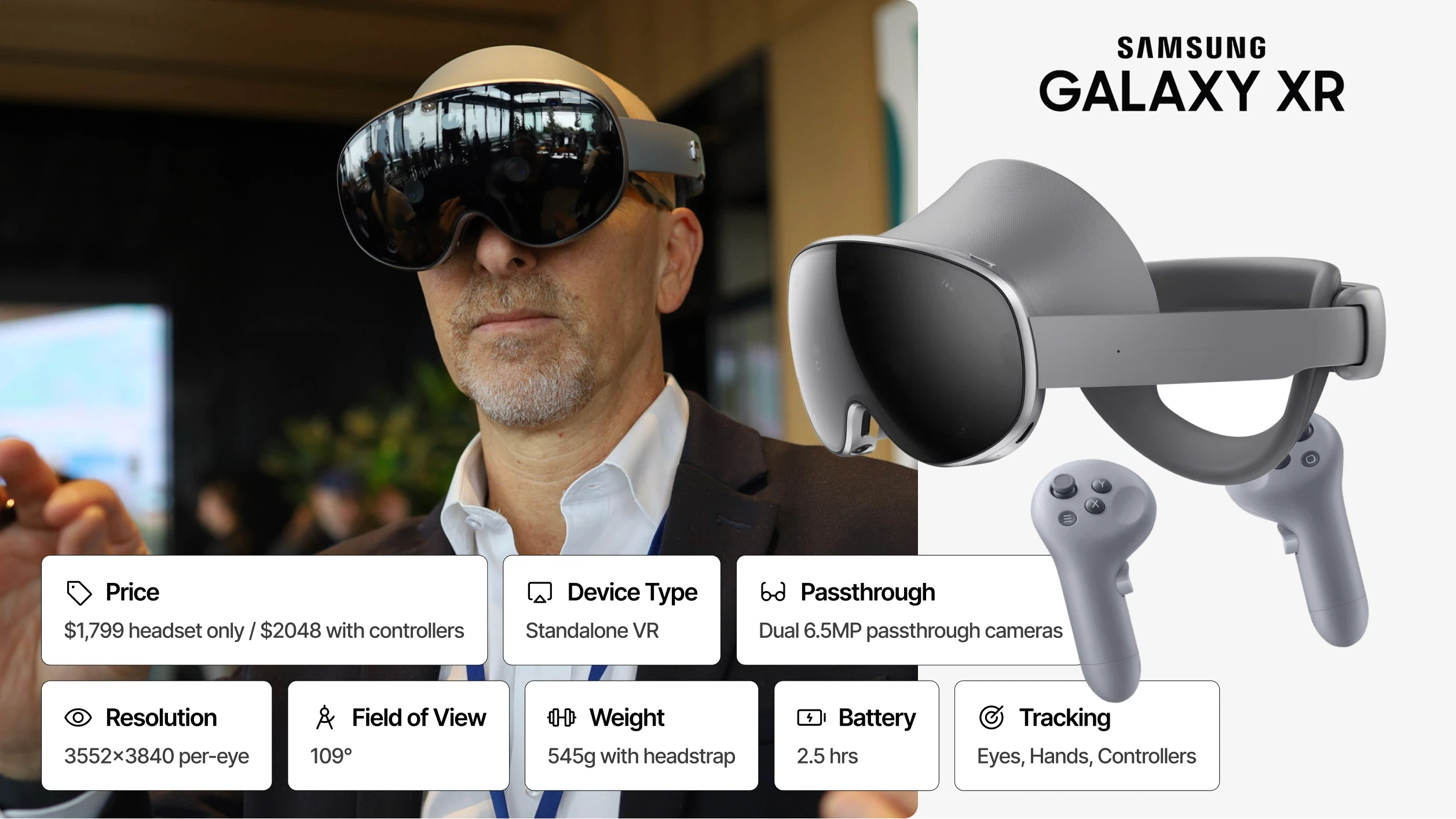 Samsung Galaxy XR headset specs: $1,799 price, 3552x3840 per-eye resolution, 109-degree field of view, 545g weight, 2.5-hour battery and eye, hand and controller tracking